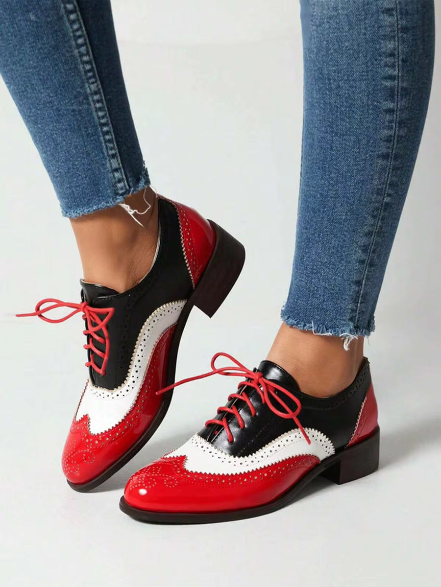 Retro Women Block Shoes Lace Up MIxed Color Sneakers Casul Comfy Confortable Office Pumps